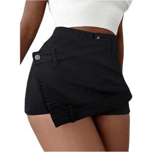 SHENHE Women's Vintage Mini Denim Skorts Wrap Overlay Irregular Stretchy Cargo Shorts (Large, Pure Black)