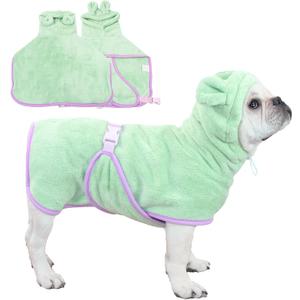 Pet Bathrobe for Dog Cat Absorbently Quick Drying Coat Cute Dogs Bath Towel Hooded Robe Adjustable Collar & Belly Strap for Pool Beach (Green, Medium)