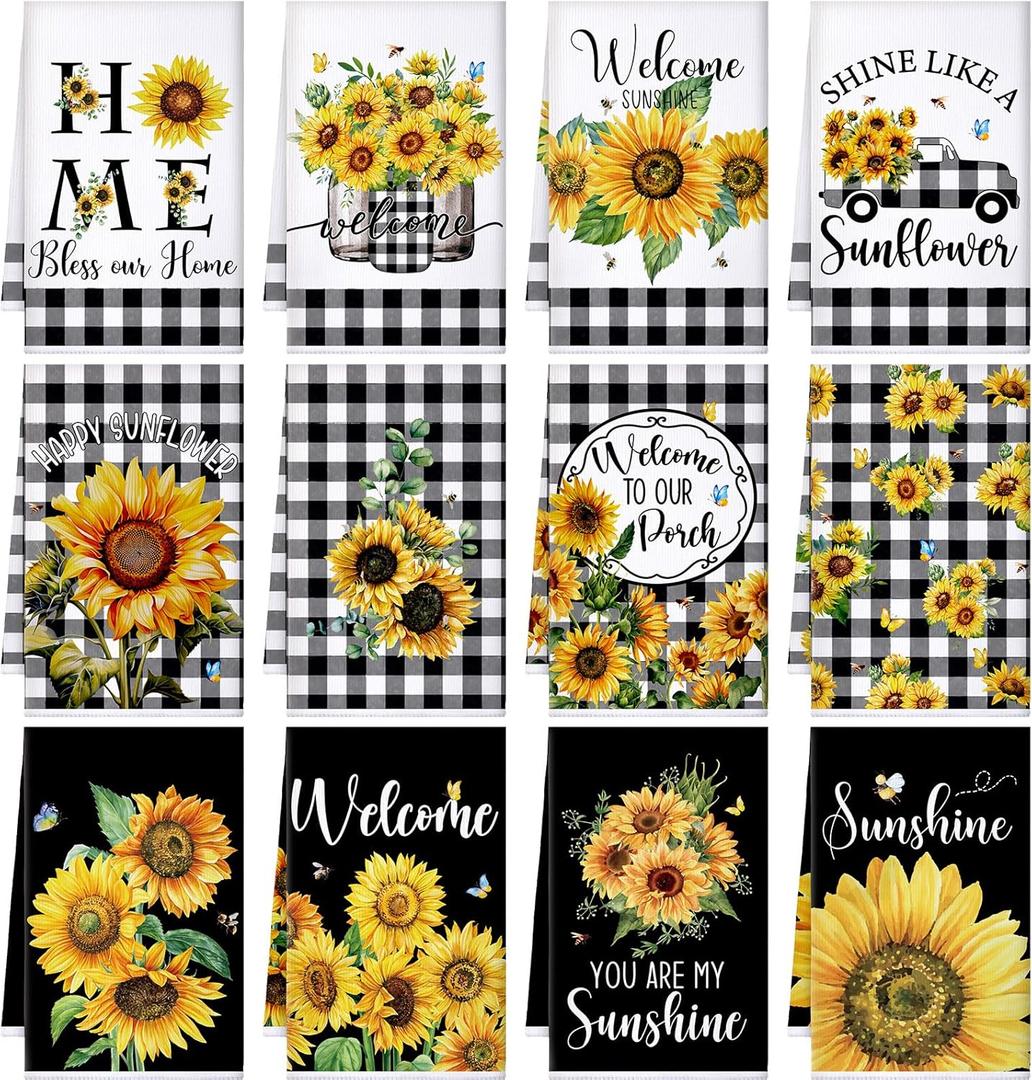 Bencailor 12 Pcs Sunflower Kitchen Towels Set Dish Spring Dish Hand Towels Buffalo Plaid Hand Cloths Reusable Seasonal Dishcloths for Summer Home Kitchen(Yellow,Sunflower)