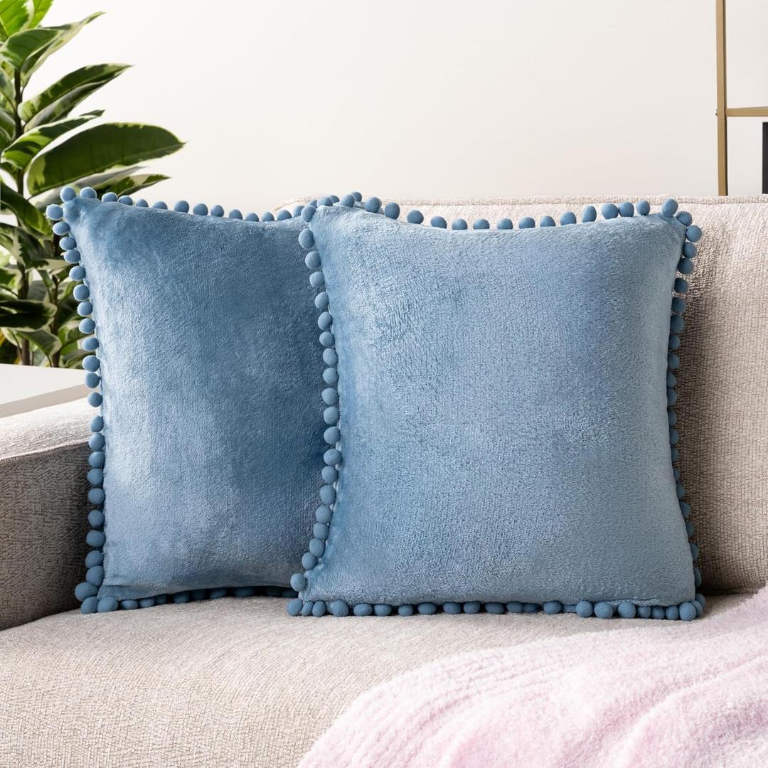 PAVILIA Dusty Blue Throw Pillow Covers with Pom Pom 18x18 Set of 2, Decorative Pillow Cases for Bedroom Aesthetic, Small Throw Pillows Set for Bed, Velvet Euro Plush Cushion Covers for Sofa Couch