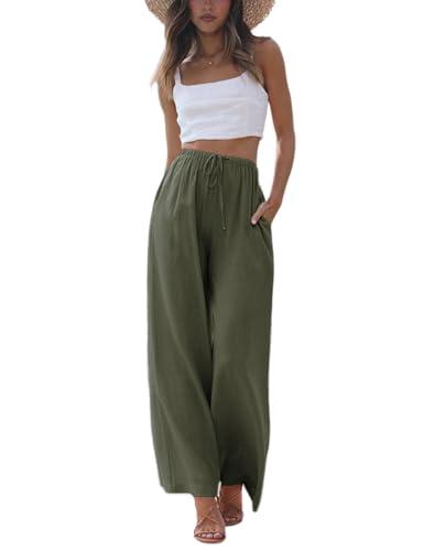 Faleave Women's Cotton Linen Summer Palazzo Pants Flowy Wide Leg Beach Trousers with Pockets, Extra Large, Army Green 