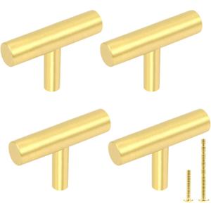 Yiking 4 Pack Solid Brass Cabinet Pulls, Gold T Bar Drawer Handles, Modern Kitchen Cabinet Hardware for Dresser, Cupboard and Bathroom Vanity, 2 Inch