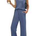 WIHOLL Two Piece Set for Women Dressy Casual Wide Leg Pants Summer Vacation Lounge Sets Travel Airport Fashion Outfits Trending Matching Sweat Set Blue Large