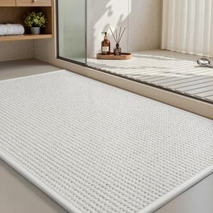 MontVoo Bath Mat,Chenille Absorbent Bathroom Mat Quick Dry Rubber Backed Bathroom Rugs Non Slip Washable Bath Mats,Ultra Thin Bathroom Rugs Fit Under Door,17"x24",White