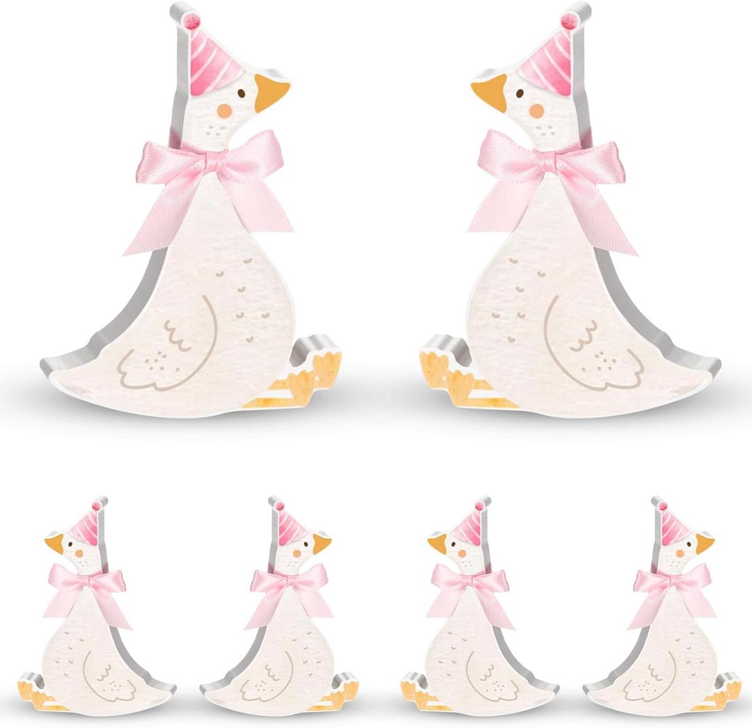 Chunful 6 Pcs Wooden One Silly Goose Table Decorations 4.7 Inch Bow Silly Goose 1st Birthday Centerpieces for 1st Birthday Party Decorations Baby Shower Photo Props(Pink)