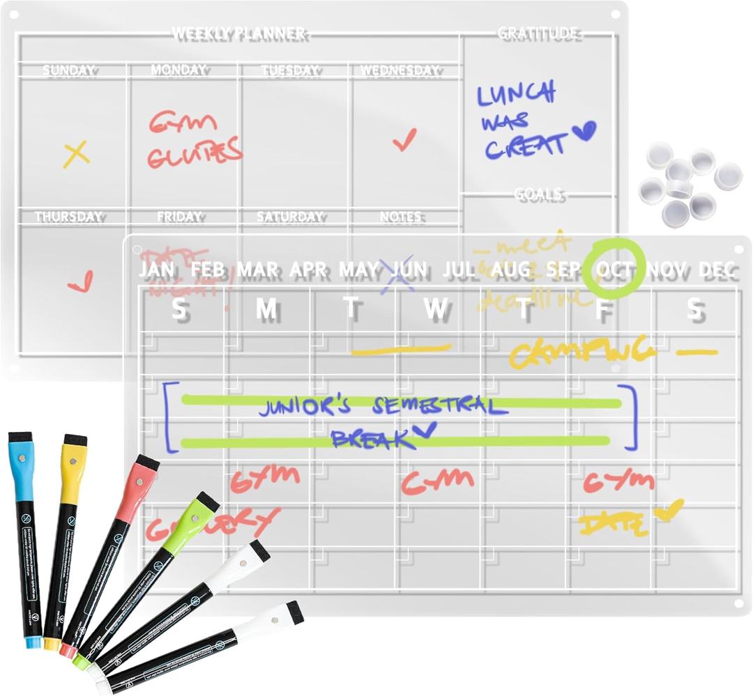 Acrylic Magnetic Monthly & Weekly Calendar for Fridge - Clear Dry Erase Board Set of 2 with 6 Color Markers (5 Colors), Reusable Planner for Home, Office (16"x12") - Gratitude and Goal Tracker