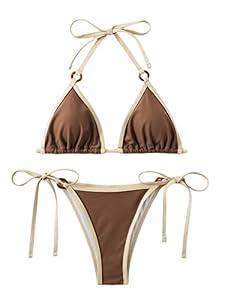 SHENHE Women's Sexy Bikini Sets Ring Triangle Tie Bathing Suits 2 Piece Swimsuits Coffee Brown, L