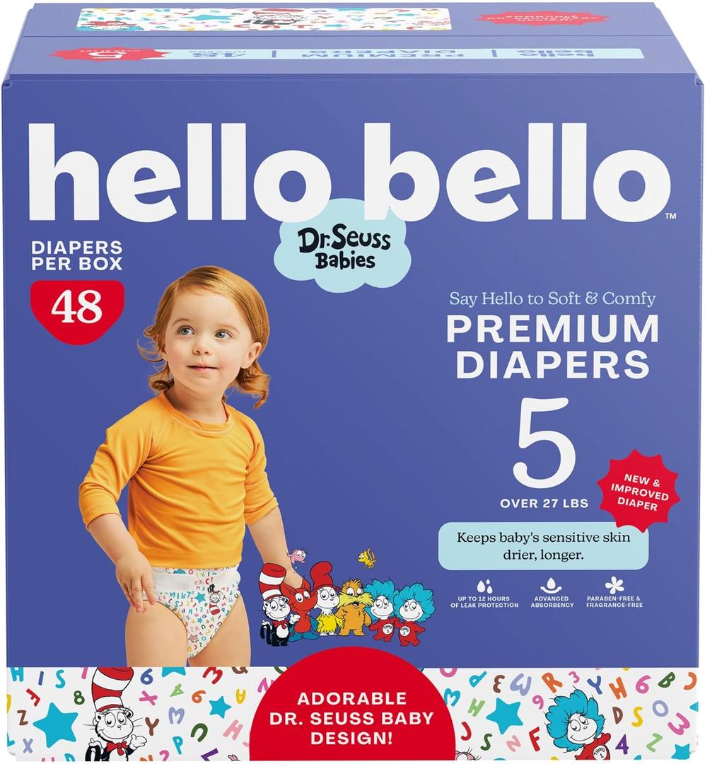 Hello Bello Dr. Seuss Babies Premium Diapers, Size 5, 48 Count: Softness & Protection for Sensitive Skin