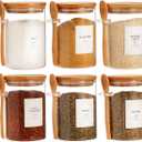 HHMJSM 6 Pcs Glass Jar with Bamboo Lid and Spoon - 17 oz Large Sugar Container with 148 Kitchen Pantry Spice Jar Labels Preprinted - Glass Containers with Wooden Lids Hold Coffee, Tea, Candy