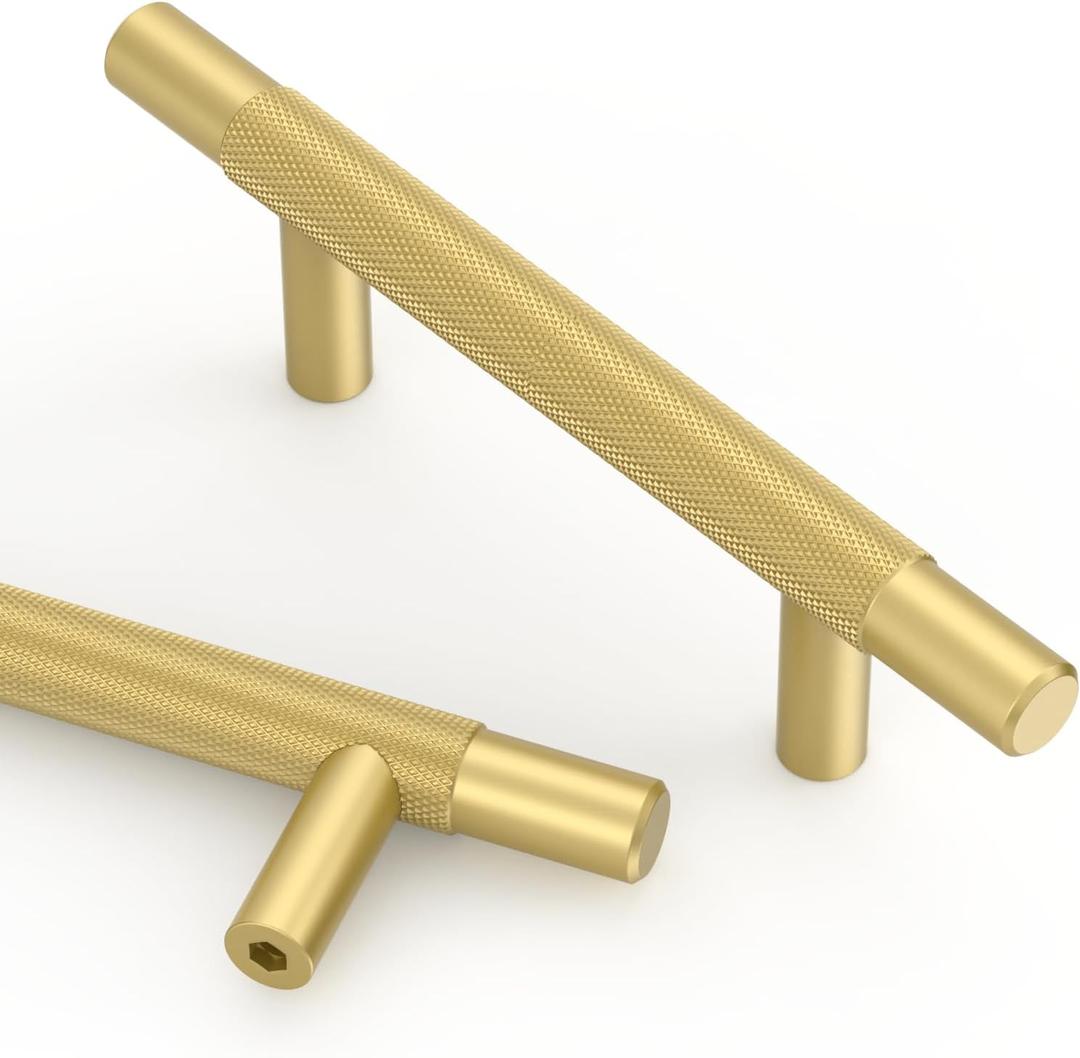 Asidrama 10 Pack 3 Inch(76mm) Brushed Gold Knurled Kitchen Cabinet Handles, Cabinet Pulls Kitchen Cabinet Hardware for Cupboard Drawer Pulls (3" Hole Center)