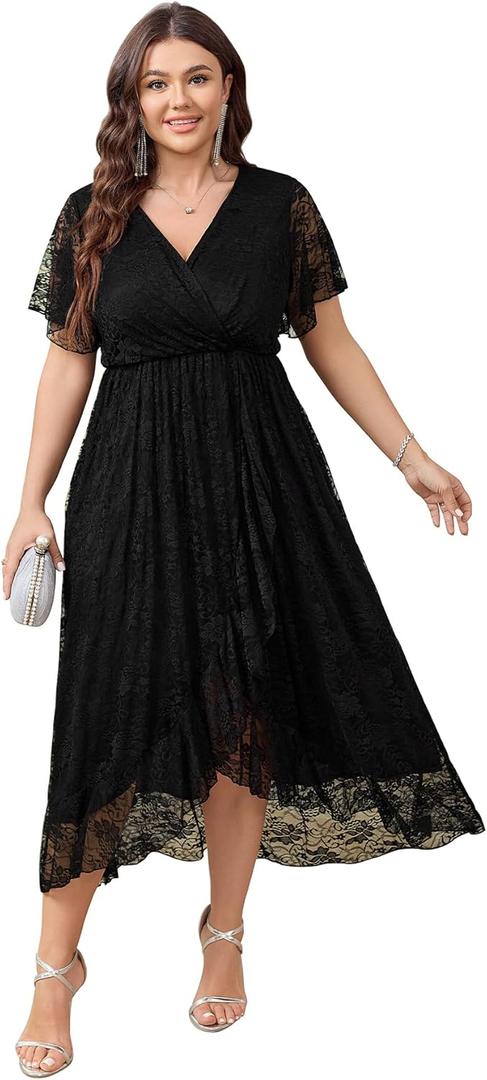 SCOMCHIC Womens Plus Size Wedding Guest Dress Formal Lace Wrap V Neck High Low Short Sleeve Cocktail Maxi Dresses XL-4XL Black