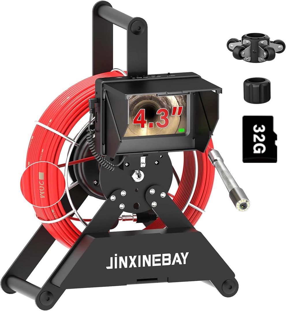 JINXINEBAY Sewer Pipe Inspection Camera, IPS Monitor 16GB TF Card DVR, IP68 1200TVL HD Camera 65/100FT Fiberglass Cable, 5600mAh Battery Night Vision, for Home/Contractor/Plumber (4.3 inch/65FT)