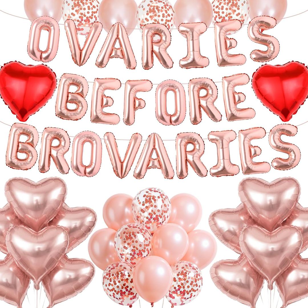 Ovaries Before Brovaries Balloons Banner - Galentines Day Decorations with Rose Gold Letter Foil Balloon, Girls Night Party Supplies for Women Friends Valentines Brunch Decor