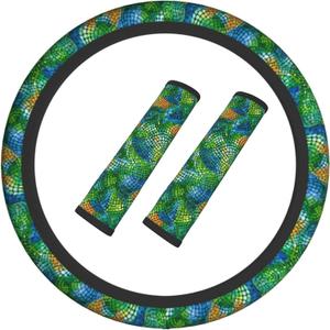 Colorful Snake Skin Steering Wheel Cover Elastic Non-Slip Car Steering Wheel Covers with Seat Belt Shoulder Pad for Women Men