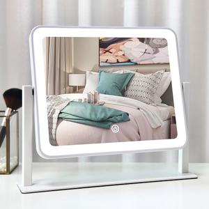 Leadzones Rechargeable Vanity Mirror with Lights,14"x12"LED Lighted Makeup Mirror,Large Makeup Mirror with Lights,Touch Screen with 3-Color Lighting,Dimmable,for Vanity Desk Tabletop,Bedroom