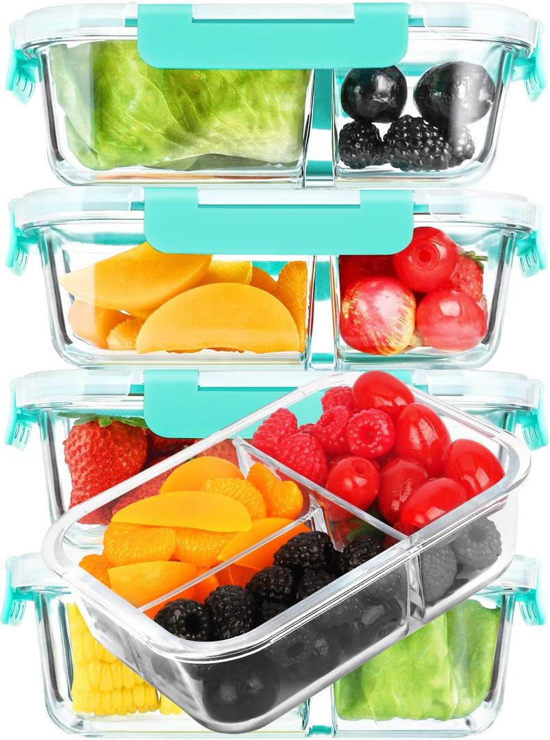 M MCIRCO [5Pack, 36 oz] Glass Meal Prep Containers 3 Compartment with Lids, Glass Lunch Containers,Food Prep Lunch Box,Bento Box,Microwave, Oven, Freezer, Dishwasher (4.5 Cups, Green)