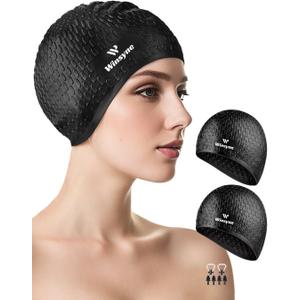 2 Pack Unisex Silicone Swim Cap for Women Men, Large Size Swimming Caps for Long Hair/Braids to Keep Hair Dry, Waterproof Bathing Caps for Swimming with Ear Plugs & Nose Clip Set