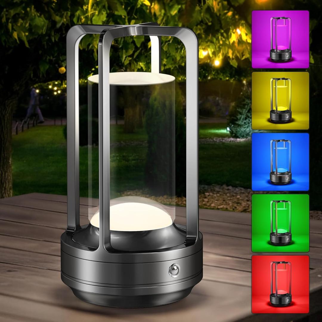 Portable Table Lamp for Outdoor Indoor: Cordless Rechargeable Desk Lamp with 10 Colors - Shower Lamp with Stepless Dimmable - Metal Battery Operated Lantern Light for Bedroom/Bar/Coffee Shop/Camping