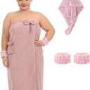 Defresit Plus Size Women's Towel Wrap (XXL-XXXXL) with Hair Towel Wristbands Lightweight Shower Wrap Spa Bathrobe Body Wrap Adjustable Quick-Dry Comfortable Bath Towel Set Machine Washable Blush Pink