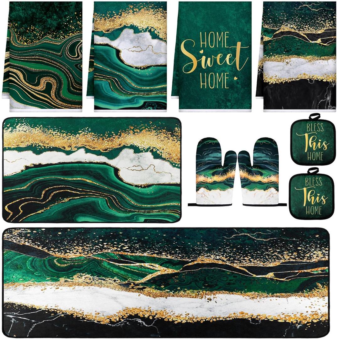 10 Pcs Kitchen Dish Towels Rugs Oven Mitts and Pot Holders Kit Farmhouse Kitchen Decor Set Gloves Vintage Potholders for Baking Cooking Chef(Green,Modern)