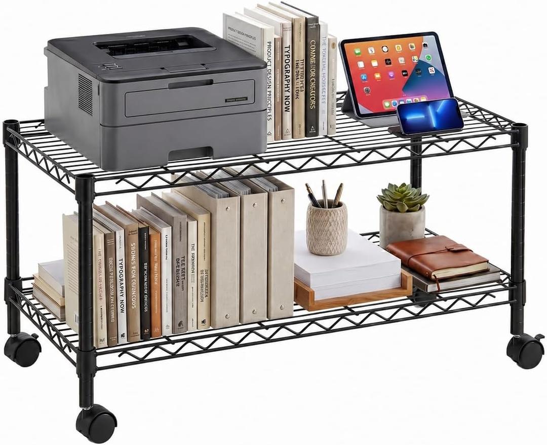 2-Tier Media Shelf Organizer with Adjustable Shelves with 125-lb Capacity Per Shelf, Black Steel Wire Shelving, Storage Rack with Smooth Rolling Locking Casters, 18" X 36" X 20"