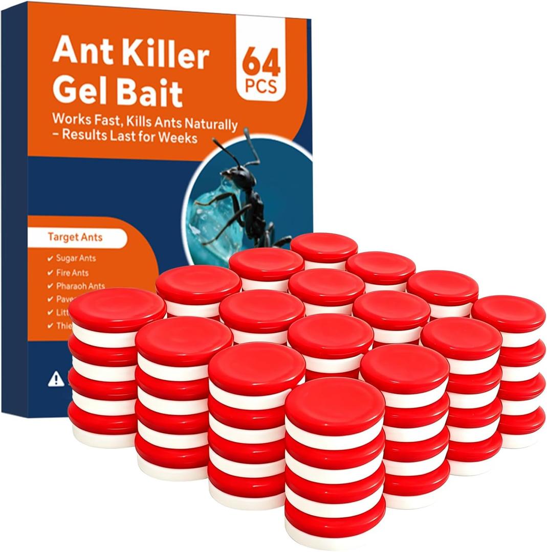 64 PCS Ant Killer Gel Bait Stations, Extra Strengthen Ant Bait Traps, Long-Lasting Effective Pest Gel for Carpenter Ants and Other Common Household Ants, No Mess Easy Use, Safe for Pets and Kids