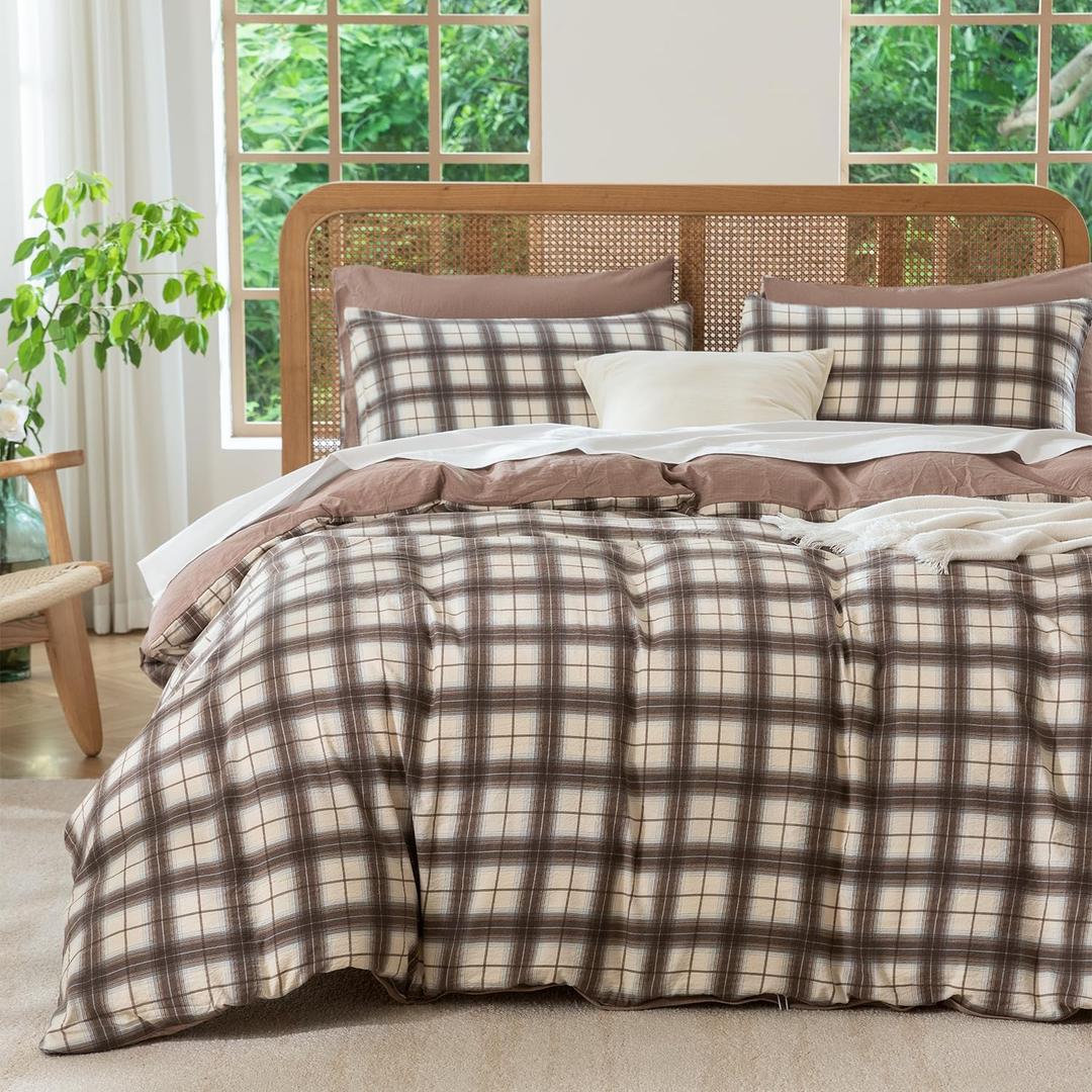 Queen Comforter Set Plaid 3 Pieces Soft Crinkle Gauze Fabric Plaid Bedding, Vintage Style Checkered Gingham Comforter Set for All Seasons Luxury Warmth Comfy Breathable with 2 Pillowcases