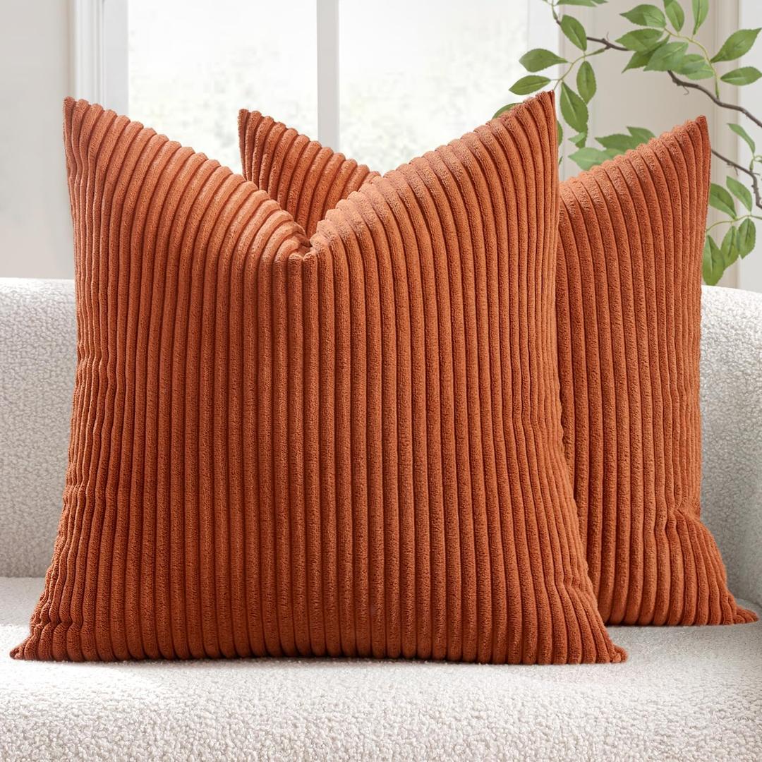 MIULEE Pack of 2 Rust Pillow Covers 20x20 Inch Soft Boho Striped Corduroy Throw Pillow Covers Set Decorative Square Cushion Cases Pillowcases for Sofa Bedroom Couch