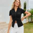 Gleeivy Short Sleeve Button Up Women Y2k Ruched Tops with Collared Slim Fitted Shirts Womens Button Down Blouse Stretchy 2026 Summer Fashion Outfit Black S (Black, S)