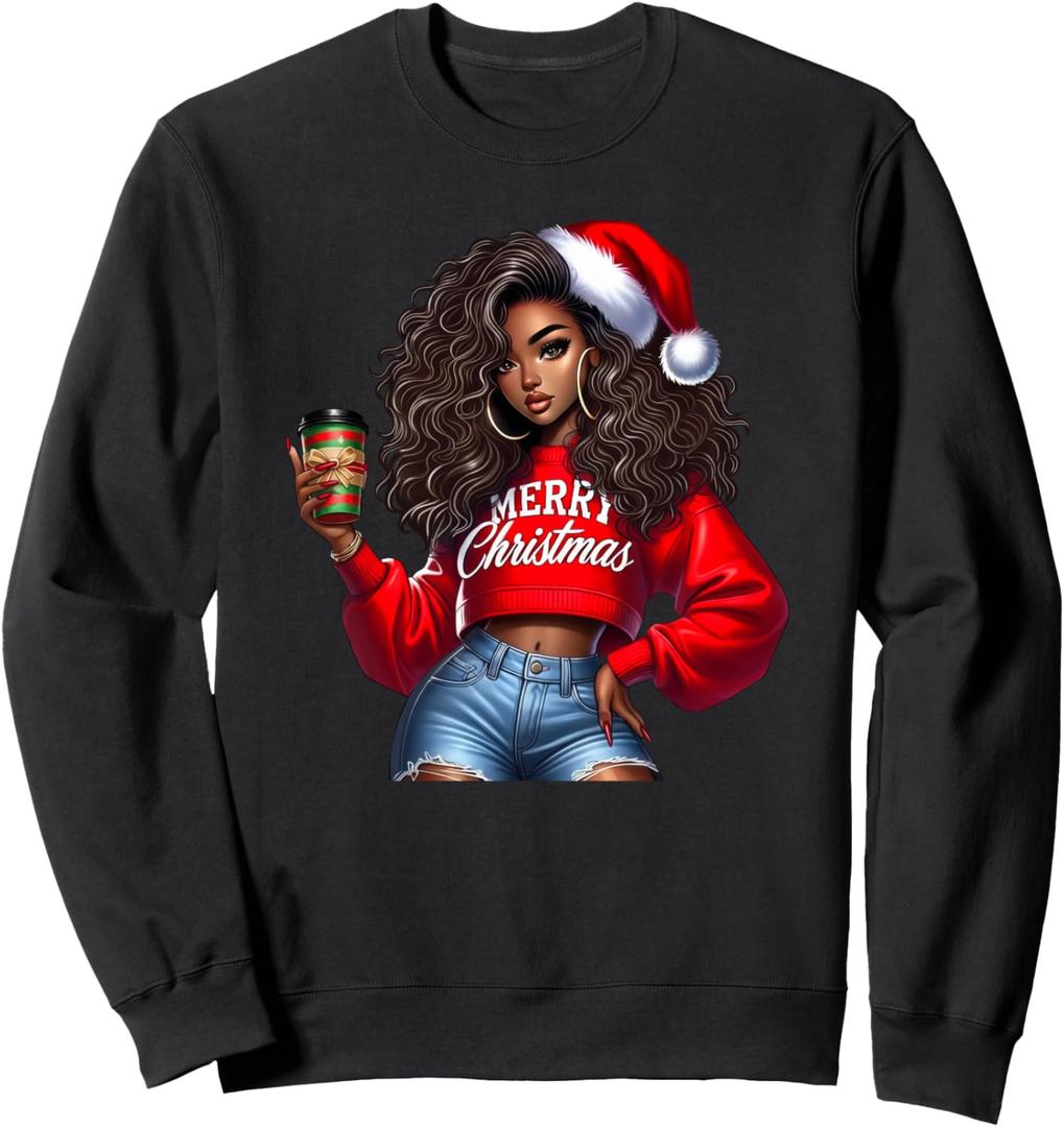 Merry Christmas Black Women Coffee African American Woman Sweatshirt, Size M 