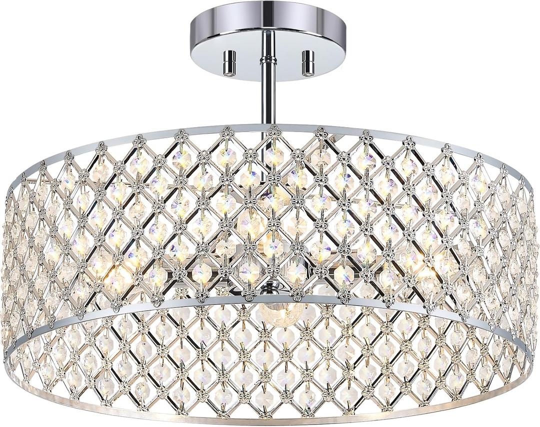Chrome Crystal Ceiling Light Fixture,Modern Semi Flush Mount Ceiling Lighting Fixture,Round Small Chandelier for Dining Room, Hallway, Entryway, Kitchen, Bedroom,Foyer,4 Light,15.7 inch