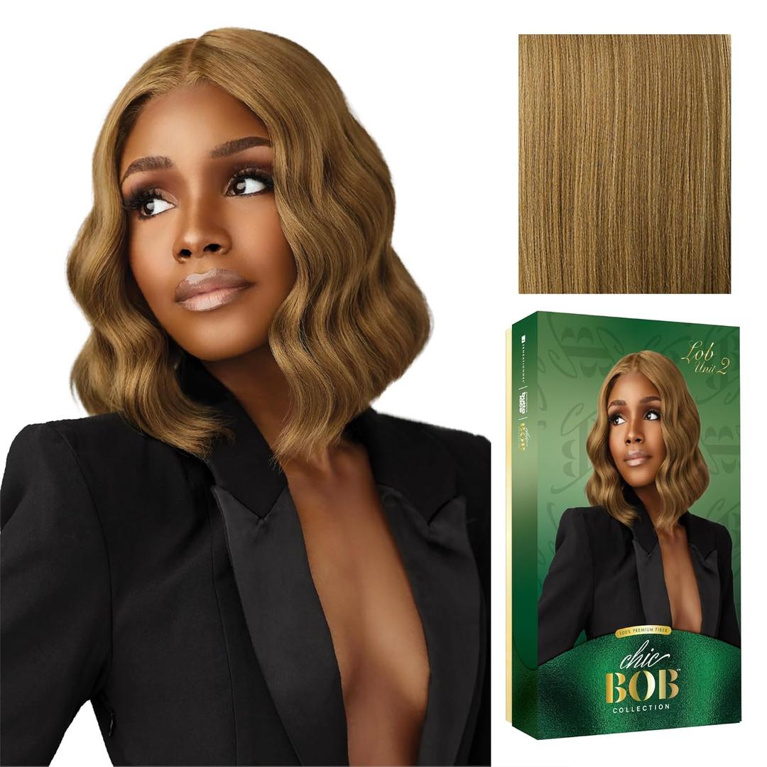 Sensationnel Chicbob Lace Frontwig - Lob Unit 2 Face Framing Glueless Wig Wide 5 Inch Deep Part Synthetic Preplucked Hairline (CARAMELBLONDE)