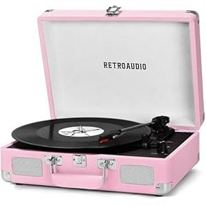 Vinyl Record Player with Built-in Speakers 3-Speed Vintage Record Player Bluetooth Portable Suitcase Turntable Belt-Driven LP Player Support RCA Output and Headphone Output (Pink)