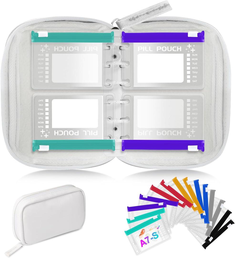 Timueetech A7 Waterproof Pill Organizer with 14 S Zippered Pill Pouches for A7 Binder, Small BPA-Free Weekly Medicine Organizer, Color-Coded Reusable Travel Pill Storage System