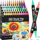 120 Colors Acrylic Paint Markers, Dual Tip Acrylic Paint Pens with Brush Tip for Rock Painting, Wood, Canvas, Stone, Ceramic, Metal, Glass, DIY Crafts Making Art Supplies