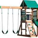 Backyard Discovery Buckley Hill Cedar Wood Swing Set with Wave Slide, Play Deck, Rock Wall Ladder, Belt Swings, Chalkboard, Canopy Roof, Outdoor Playset (Green)
