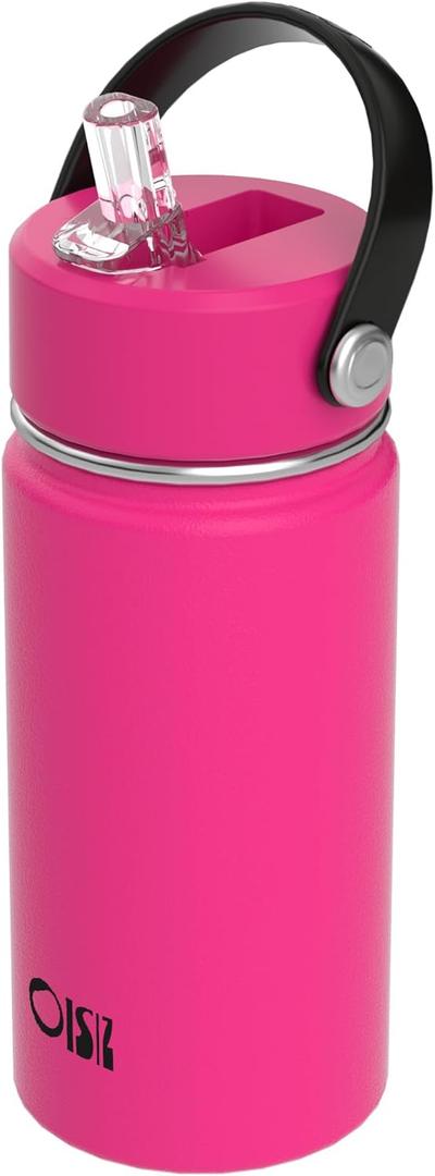 Kids Water Bottle with Straw Lid 14oz, Vacuum Insulated 316 Stainless Steel Water Bottles for Kids for School, Leakproof Water Bottle, BPA Free and Keep Cold for 24 Hours (Lightning Pink)