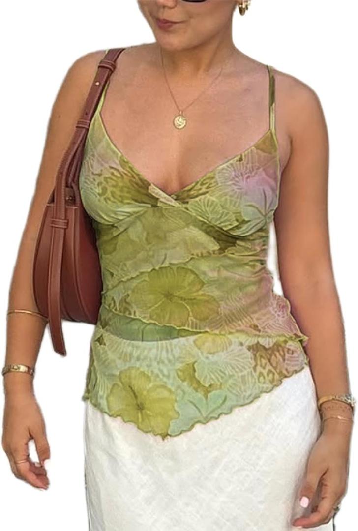 Women Y2k Mesh Tank Top Camisole Floral Print Spaghetti Strap Sleeveless V Neck Going Out Tops Cami Shirts (Large, Green)