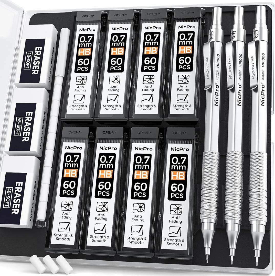 Nicpro 0.7 Metal Mechanical Pencil Set with Case, 3PCS MP1000 0.7mm Artist Lead Pencil With 8 Tube HB Refills, 3 Erasers, 9 Eraser Refill For Architect Art Drafting Drawing Engineering, Sketching (Silver)