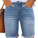 Utyful Women Summer Frayed Ripped Bermuda Shorts Distressed Denim Jeans Short (Large, Raw Hem-light Blue)