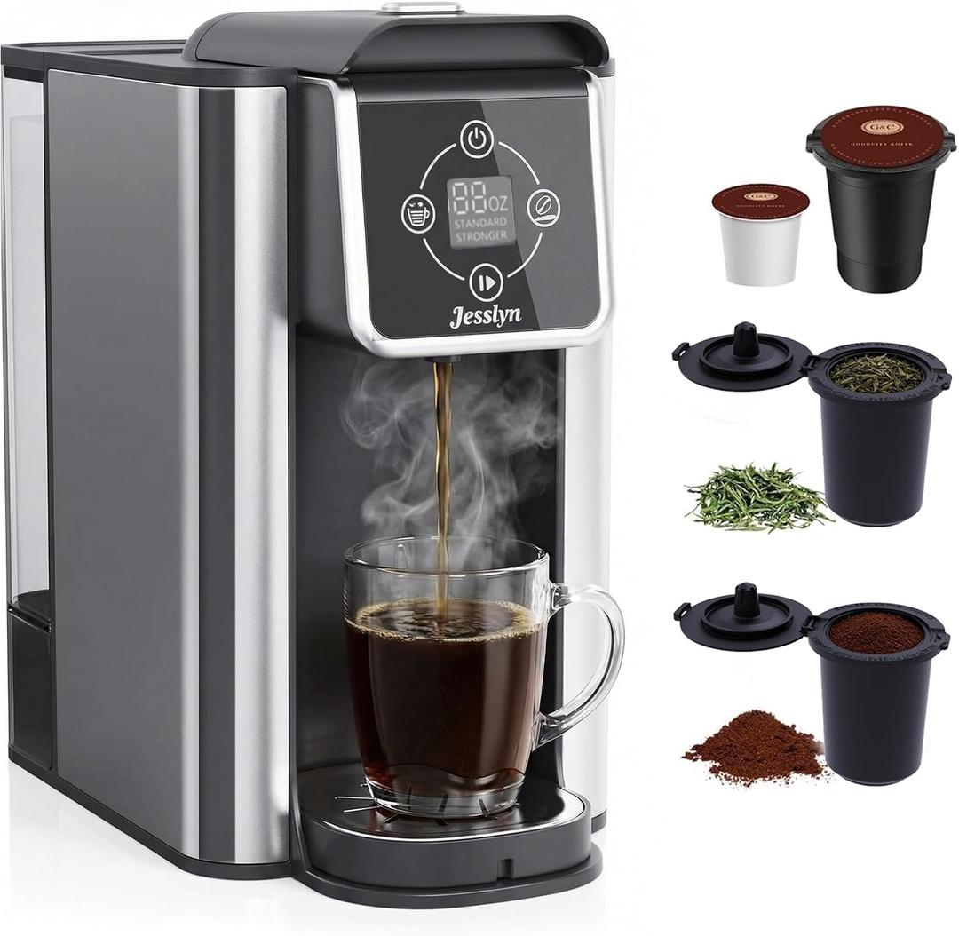 Jesslyn 3-in-1 Single Serve Coffee Maker, Compatible with K-Cup Pods, Ground Coffee & Loose Leaf Tea, Coffee Machine with 50oz Removable Water Reservoir, 6-10oz Brew Sizes, Fast Brewing(Black)