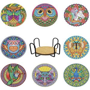 DIY Diamond Art Mandala Coaster Set, 8 Pack with Metal Holder, Cork Base Owl Butterfly Theme, Mosaic Painting Kit for Adults Beginners, Double Layer Craft Supplies