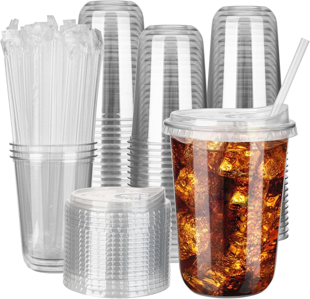 100 Sets 16oz Disposable Stemless Plastic Cups with Strawless Sip Lids, Clear PET Coffee Cups for Iced Coffee, Cold Drinks, Halloween, Christmas, Party and Drink Shop Supplies (Clear (16oz))