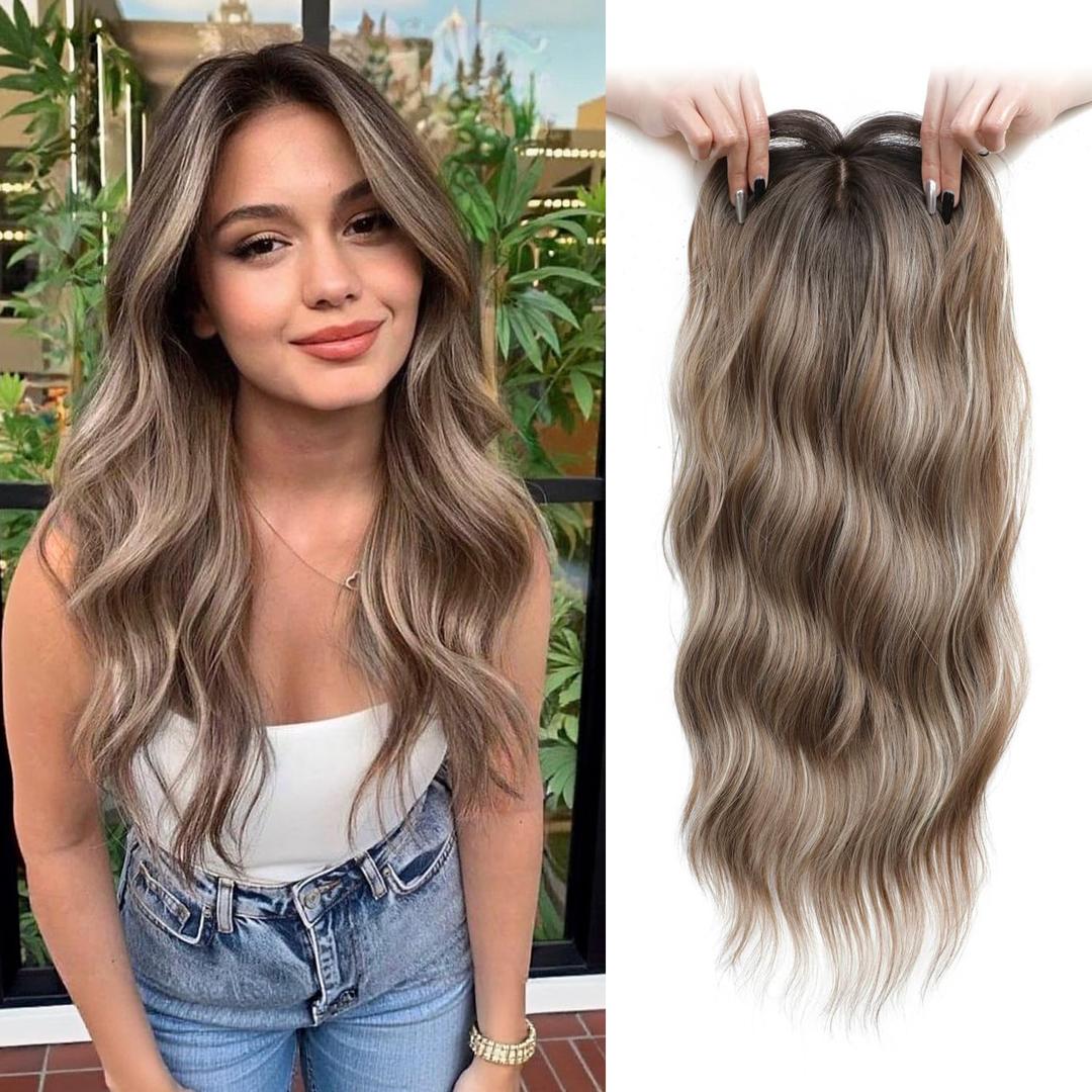 Hair Toppers for Women 20inch Wavy Hair Toppers for Women Toppers Hair Pieces for Women with Thinning Hair Ombre Highlight Synthetic Wig Clip In Hair Topper Wiglets with Fringe Bang Add Hair Volume (Highlights Dark Ash Brown)