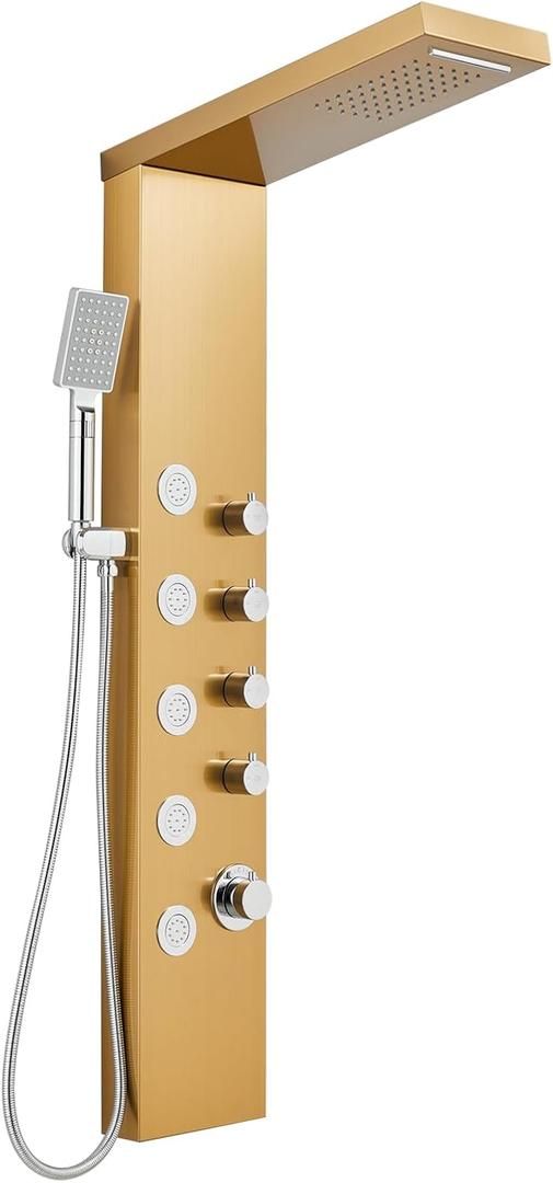 ROVOGO Gold Shower Panel Tower System with 4 Simultaneous Functions: Rainfall, Waterfall, Body Jets and Handheld, Stainless Steel Shower Column, 46.5", Wall-Mount