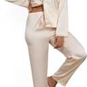 Silk Satin Pajama Sets Women 2 Piece Long Sleeve Sleepwear Soft Button-Down Top with Lace Trim Loungewear Pjs Lounge (Beige, XXL)