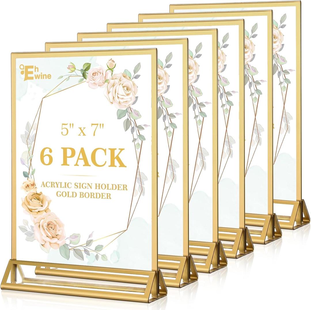 EHWINE 6 Pack Acrylic Sign Holder 5 x 7, Double Sided Gold Picture Frame Stand up Table Top Sign Holders, Clear Display Stand Menu Flyer Holder for Wedding Party