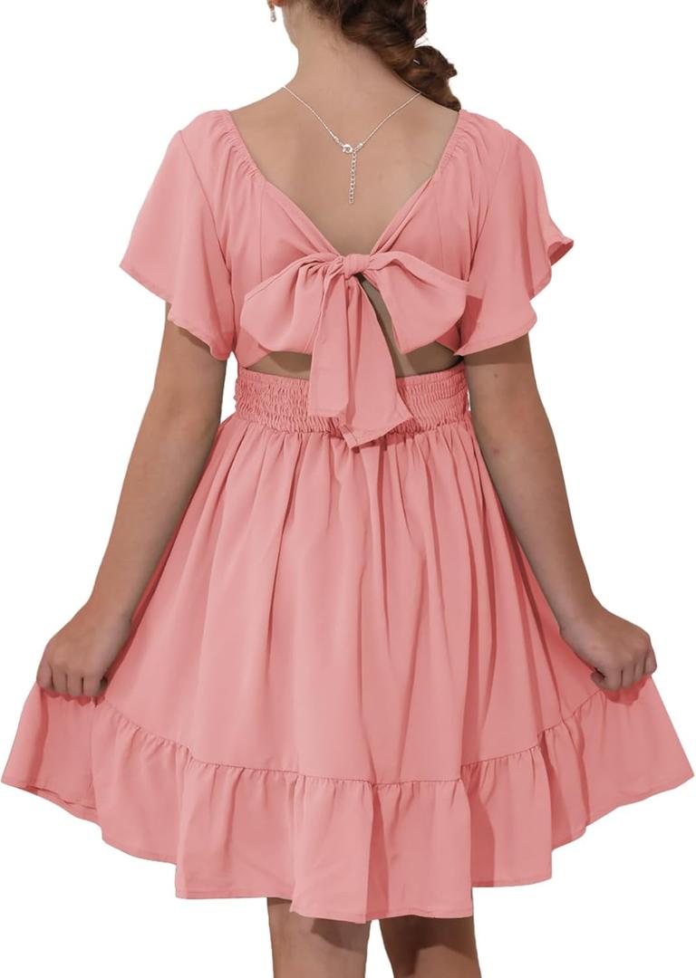 blibean Girls Summer Tie Back Dress Tween Kids Off Shoulder Dresses Size 4-15 Years (12-13 Years)