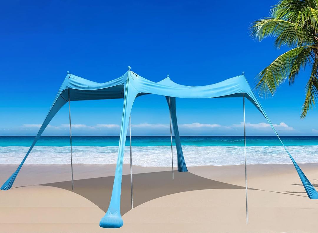 Family Beach Tent Canopy Sun Shade, Pop Up Grande Beach Tent Sun Shelter Stability 4 Poles with Portable Carry Bag Outdoor Shade for Fishing Backyard Camping, Turquoise, 10x10FT 4Pole