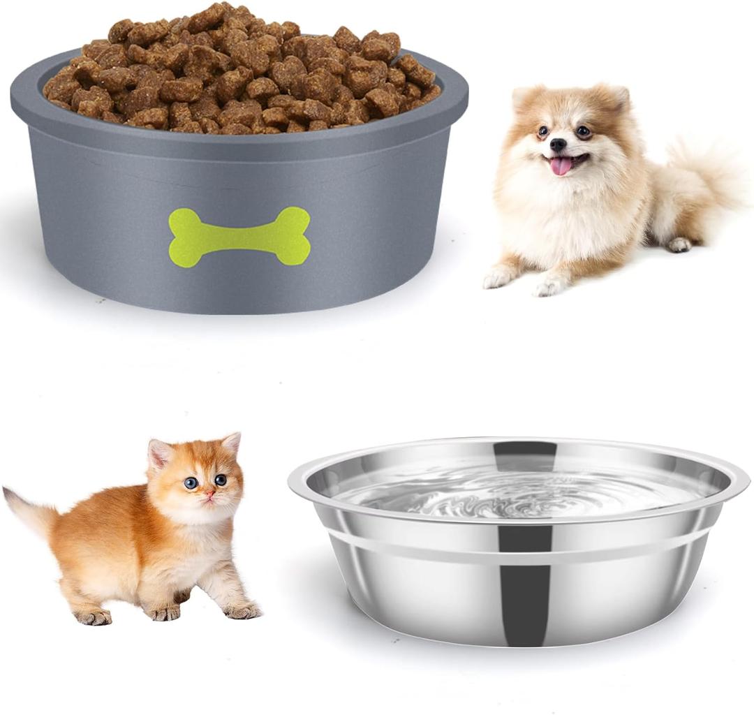 Cat Food and Water Bowls, Stainless Steel Cat Bowls for Small Dogs & Cats, Rust Resistant Stainless Steel, Detachable Durable Silicon Bowl Holder (Gray)